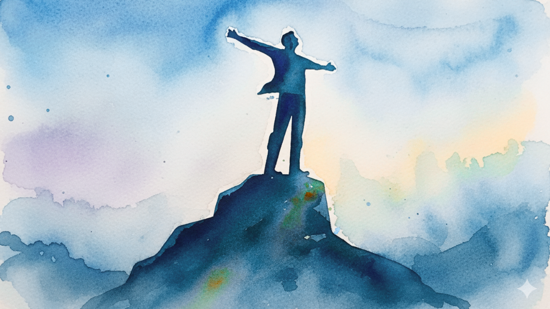Watercolour silhouette of a mountaineer standing on the top of a mountain with his arms outstretched.
