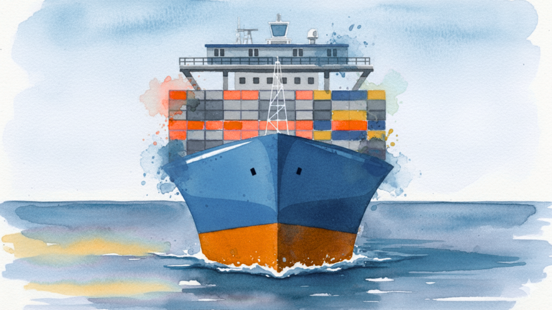 Watercolour image of a container ship travelling on a calm ocean.