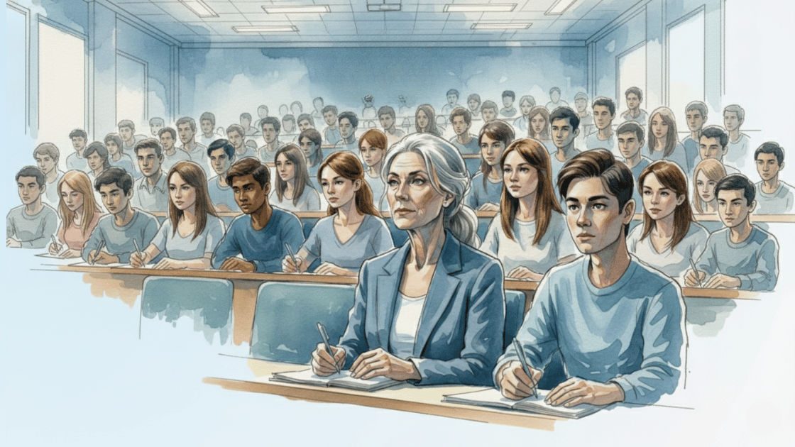 Watercolour image of a mature female student in a university lecture hall surrounded by younger peers