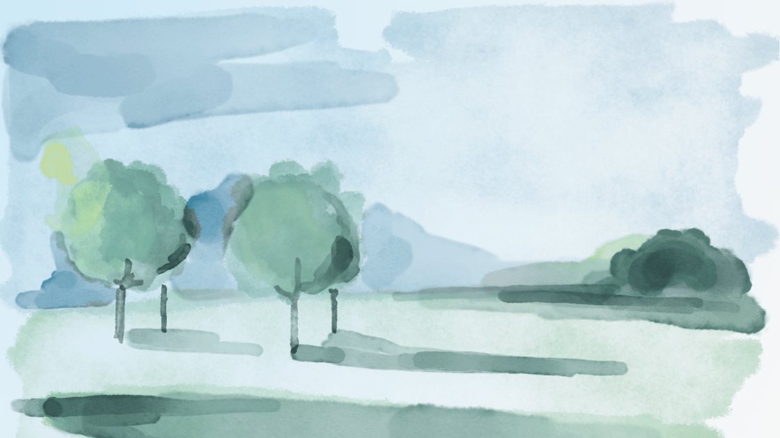 Abstracted watercolour image of a landscape with a coppice of trees on the left hand side