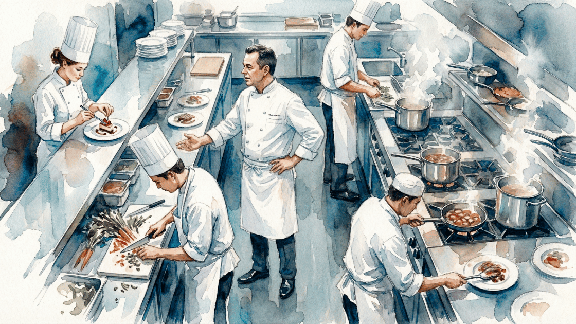 Watercolour image of a professional kitchen with busy chefs working, seen from above.
