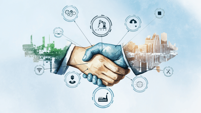 Watercolour rendered image of a handshake surrounded by symbols of industry