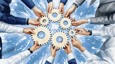 Watercolour image of a bird's-eye view of a circle of hands holding cogwheels together