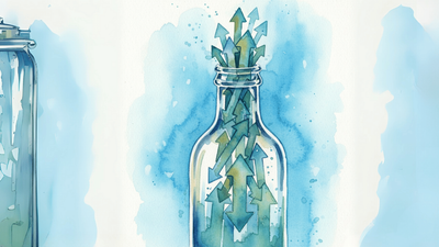 Watercolour image of a bottle full of arrows in a bottle getting stuck in the bottleneck.